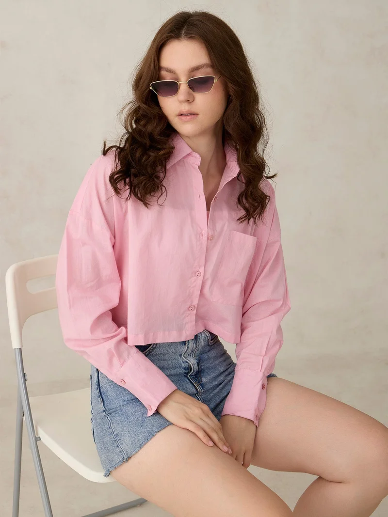 Outzidr  Pink Cropped Solid Shirt for Women | Best Price UAE