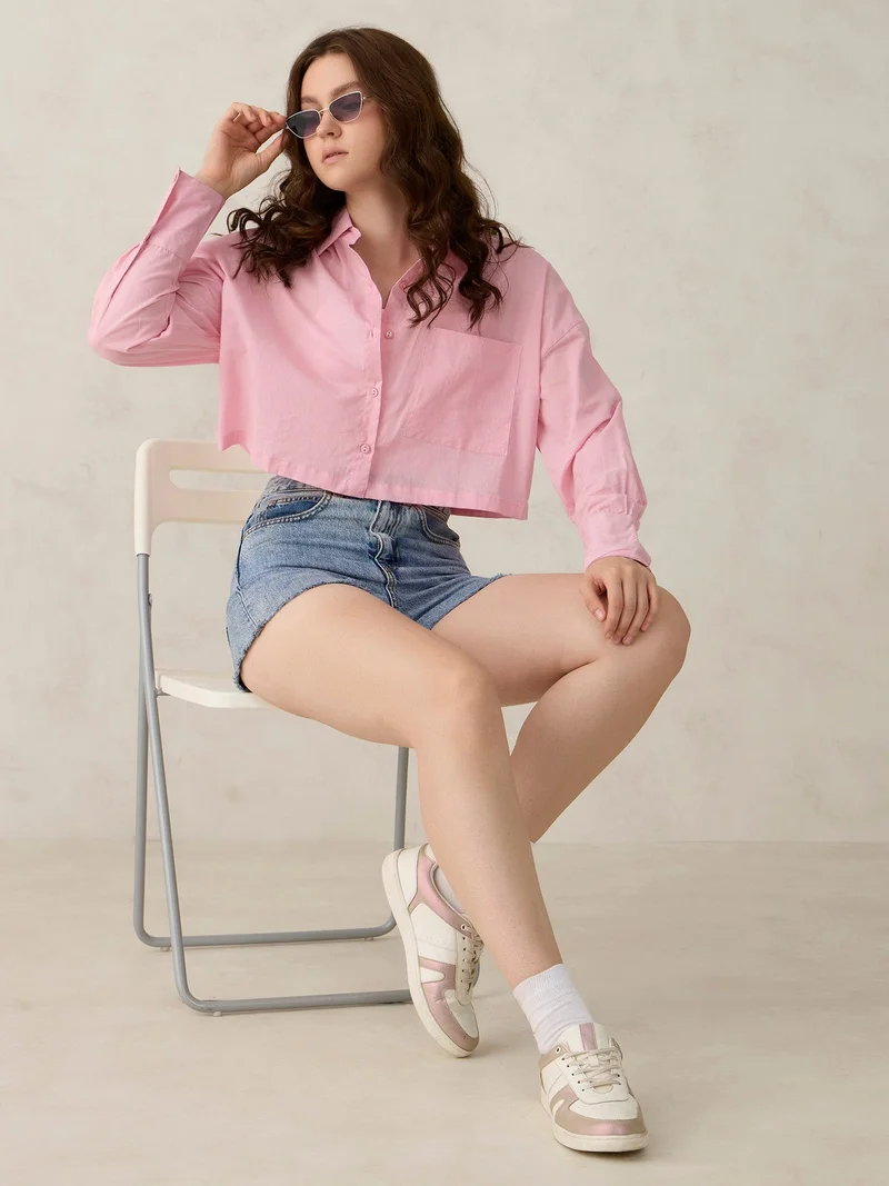 Outzidr  Pink Cropped Solid Shirt for Women | Best Price UAE