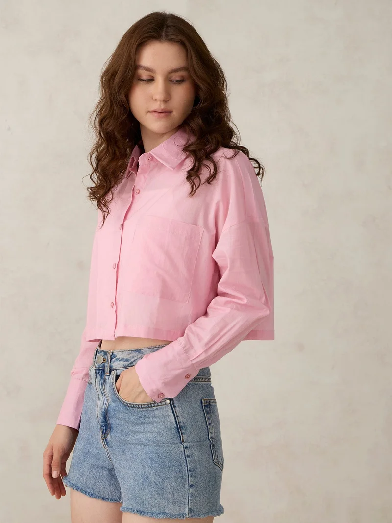 Outzidr  Pink Cropped Solid Shirt for Women | Best Price UAE