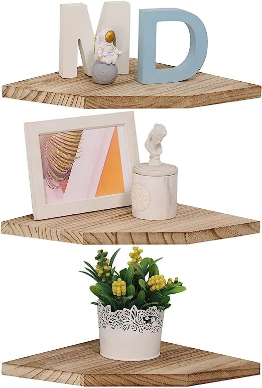 ODEJIA Wall Shelf Set of 3 Floating Corner Shelves for Wall Rustic Wood Wall Storage Display Shelves for Living Room Bedroom Bathroom Kitchen