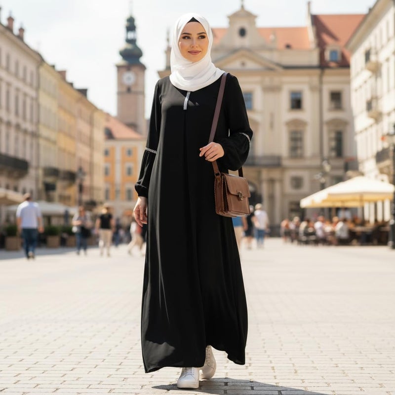 Women's Long Sleeve Modest Dress with Sequin Embellishments - Casual Flowy Robe - Image 2