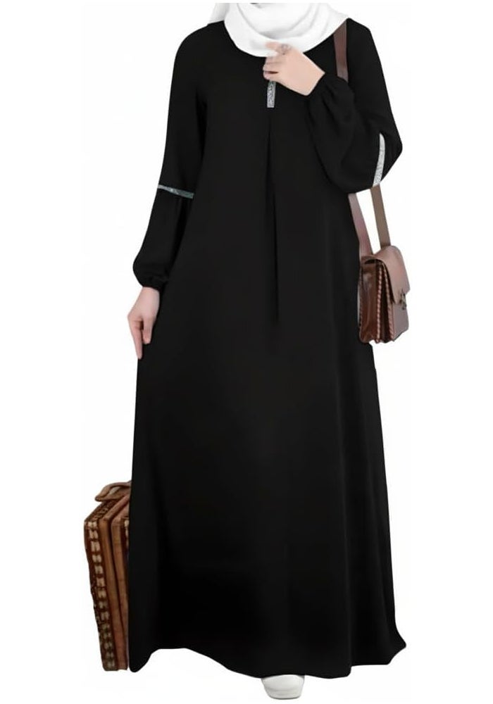 Women's Long Sleeve Modest Dress with Sequin Embellishments - Casual Flowy Robe - Image 1