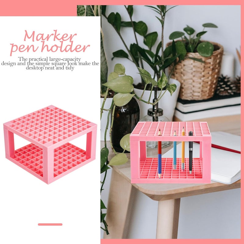 VILLCASE Multi-holes Square Paintbrush Stand and Marker Pen Holder for Students, Pink Plastic Drawing Tools Organizer with 96 Slots, Detachable 2pcs Paintbrush Storage Rack for Arts - Image 4