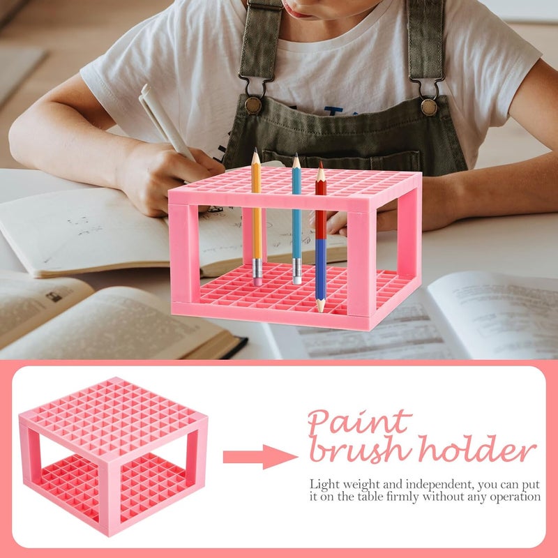 VILLCASE Multi-holes Square Paintbrush Stand and Marker Pen Holder for Students, Pink Plastic Drawing Tools Organizer with 96 Slots, Detachable 2pcs Paintbrush Storage Rack for Arts - Image 5