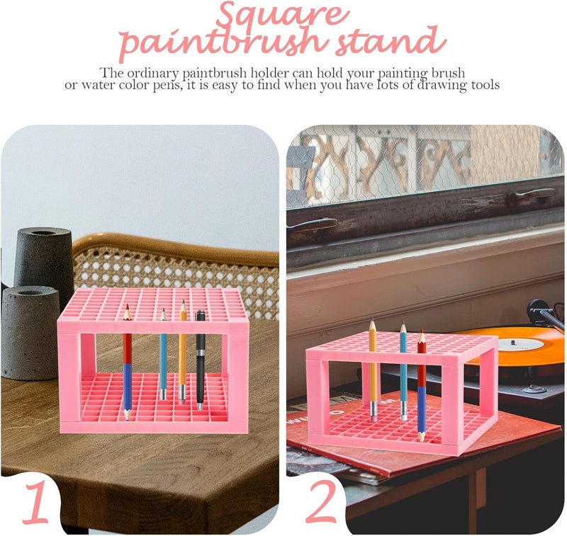 VILLCASE Multi-holes Square Paintbrush Stand and Marker Pen Holder for Students, Pink Plastic Drawing Tools Organizer with 96 Slots, Detachable 2pcs Paintbrush Storage Rack for Arts - Image 3