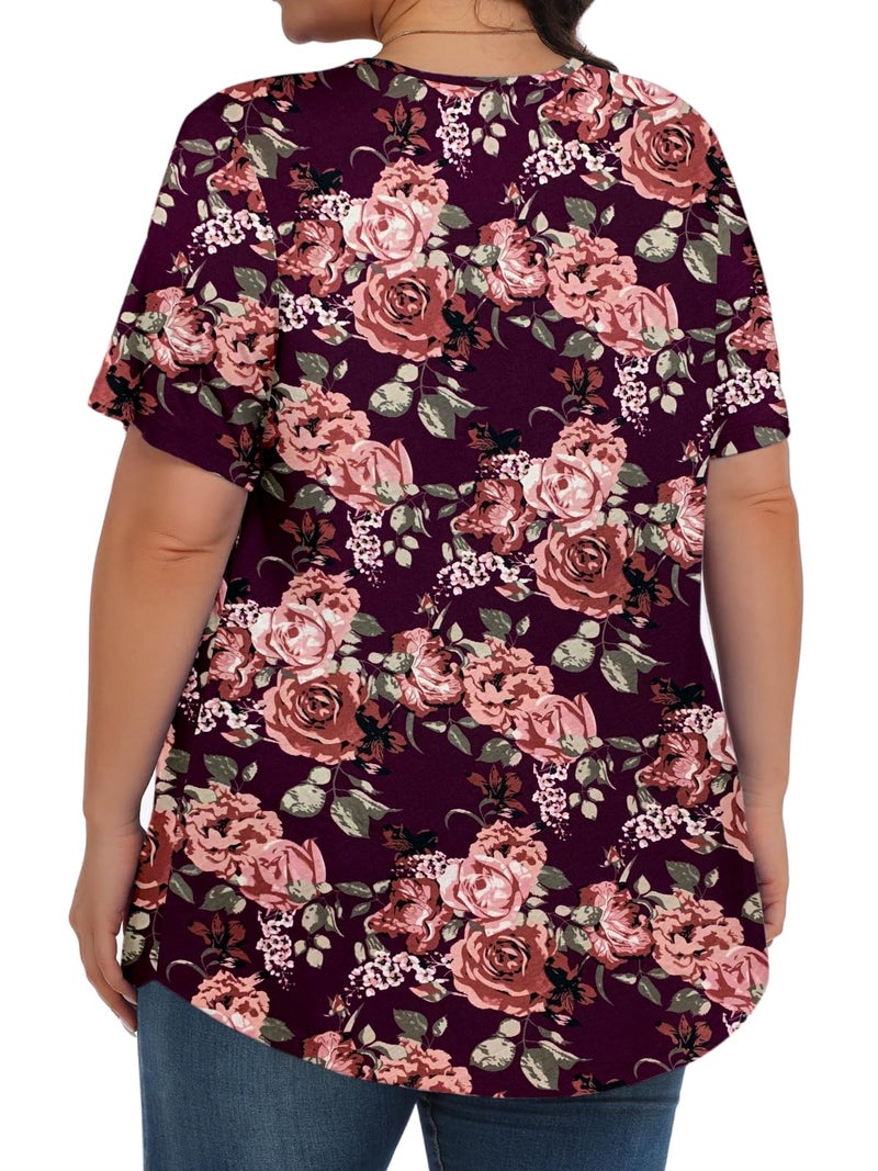 Tencede Womens Plus Size Tops Tunic Short Sleeve Crew Neck Shirts Casual Soft Blouse Peony Purple 3X - Image 4