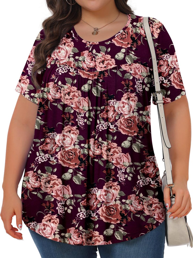 Tencede Womens Plus Size Tops Tunic Short Sleeve Crew Neck Shirts Casual Soft Blouse Peony Purple 3X - Image 2