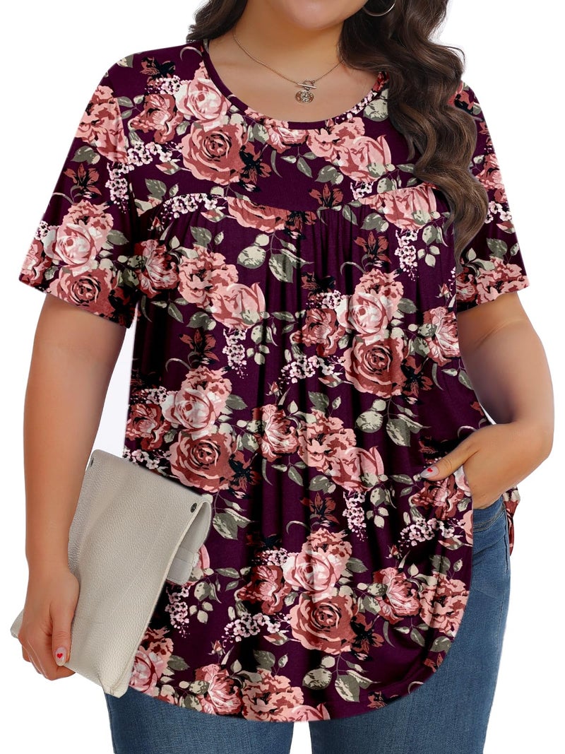 Tencede Womens Plus Size Tops Tunic Short Sleeve Crew Neck Shirts Casual Soft Blouse Peony Purple 3X - Image 1