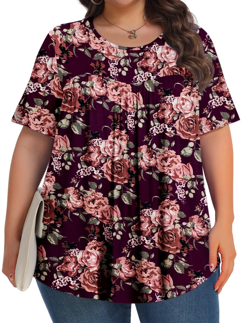 Tencede Womens Plus Size Tops Tunic Short Sleeve Crew Neck Shirts Casual Soft Blouse Peony Purple 3X - Image 3