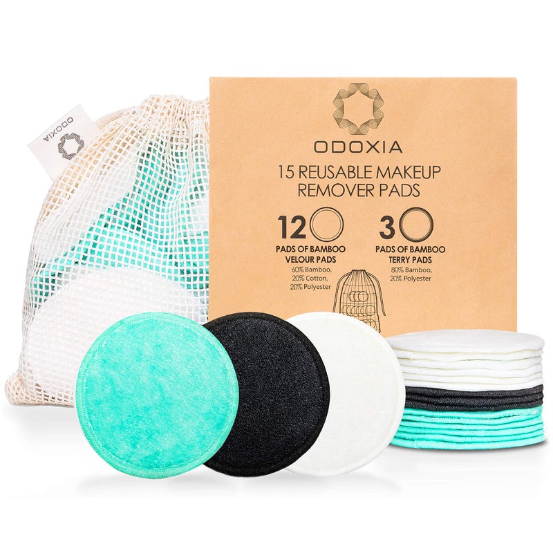 ODOXIA Reusable Makeup Remover Pads | Eco Friendly & Zero Waste Cotton Rounds | Beauty Products | 15 Natural & Organic Face Pads with Laundry Bag | Soft for All Skin Types | Bamboo Wipes for Facial Cleansing - Image 1