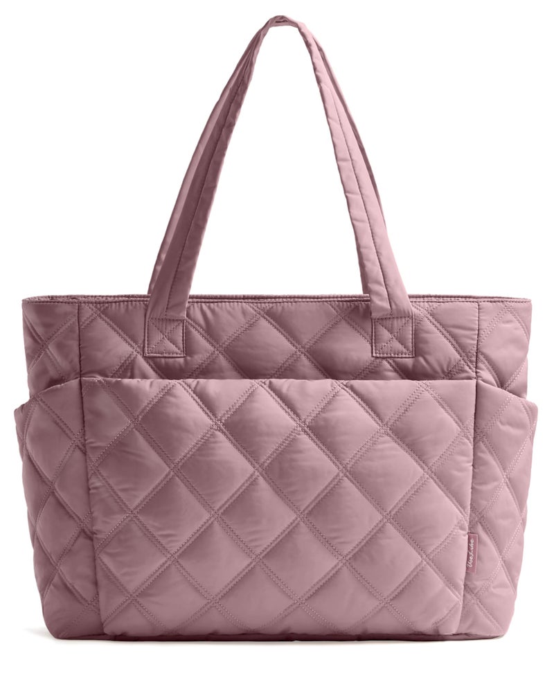 Uselike Tote Bag for Women, Lightweight Puffer Tote Work Bags with Compartments for Travel, Quilted Shoulder Bag with Zipper (Mauve Pink) - Image 1