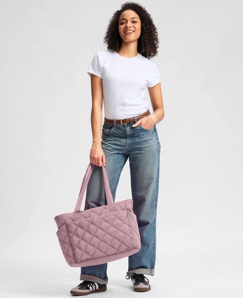 Uselike Tote Bag for Women, Lightweight Puffer Tote Work Bags with Compartments for Travel, Quilted Shoulder Bag with Zipper (Mauve Pink) - Image 2