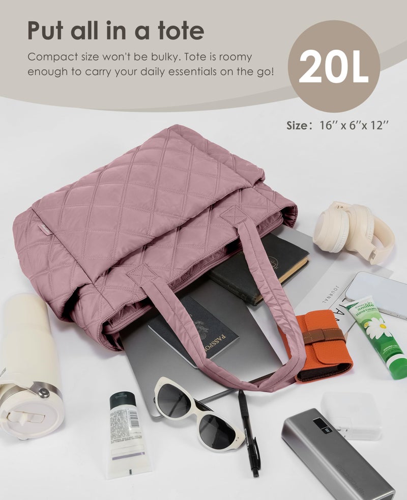 Uselike Tote Bag for Women, Lightweight Puffer Tote Work Bags with Compartments for Travel, Quilted Shoulder Bag with Zipper (Mauve Pink) - Image 5