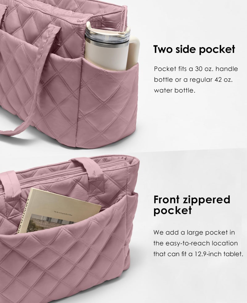 Uselike Tote Bag for Women, Lightweight Puffer Tote Work Bags with Compartments for Travel, Quilted Shoulder Bag with Zipper (Mauve Pink) - Image 3