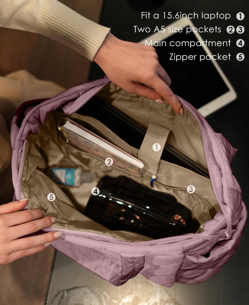 Uselike Tote Bag for Women, Lightweight Puffer Tote Work Bags with Compartments for Travel, Quilted Shoulder Bag with Zipper (Mauve Pink) - Image 4