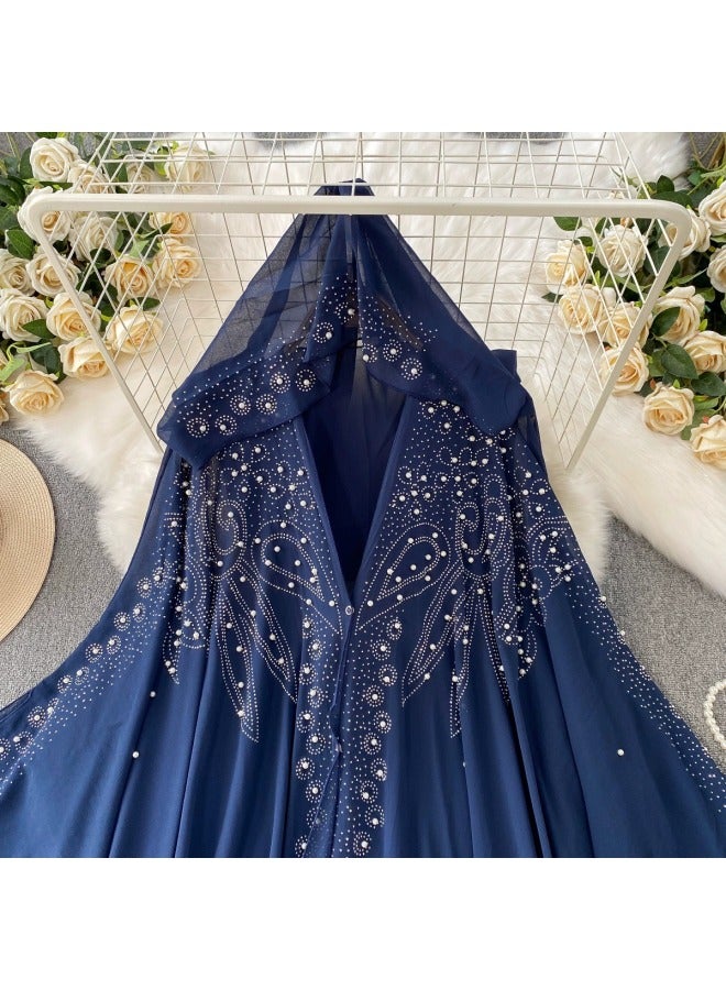 High-End Hot Diamond Beaded V Neck Hooded Bell-Sleeved Dress for Women, High-End Elegant, Asymmetrical Chiffon Long Skirt - Image 2
