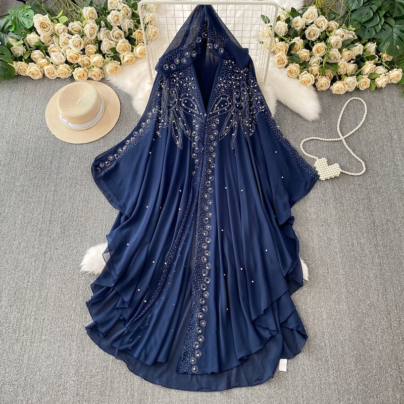 High-End Hot Diamond Beaded V Neck Hooded Bell-Sleeved Dress for Women, High-End Elegant, Asymmetrical Chiffon Long Skirt - Image 1