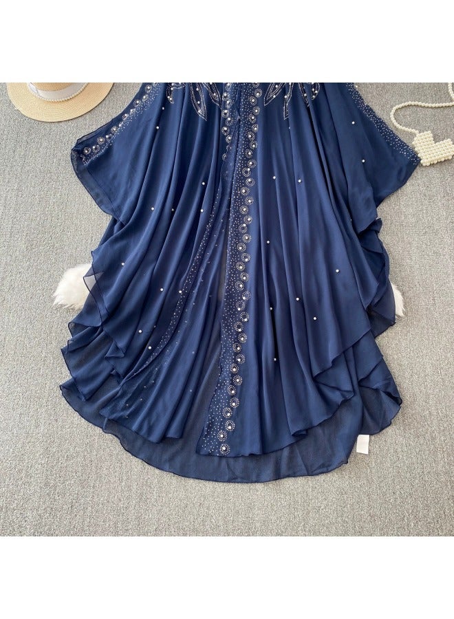 High-End Hot Diamond Beaded V Neck Hooded Bell-Sleeved Dress for Women, High-End Elegant, Asymmetrical Chiffon Long Skirt - Image 3