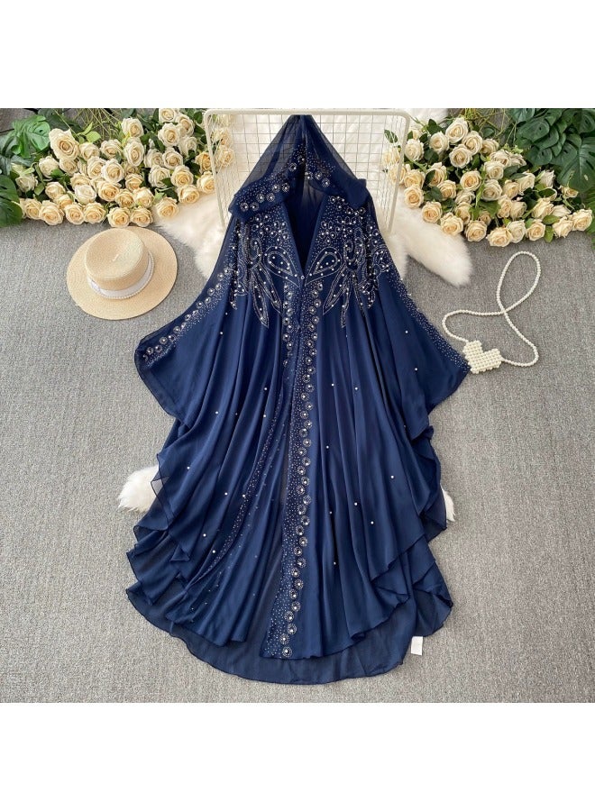 High-End Hot Diamond Beaded V Neck Hooded Bell-Sleeved Dress for Women, High-End Elegant, Asymmetrical Chiffon Long Skirt - Image 5