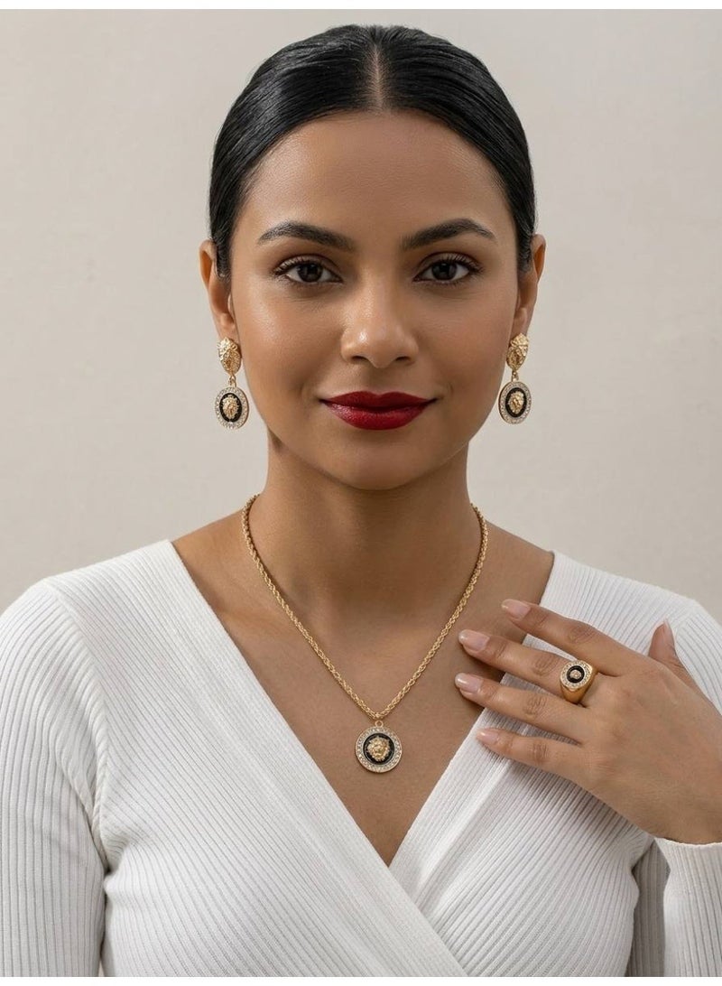 Aura Style 3-Piece Vintage  Jewelry Set for Women - Elegant Pendant, Earrings and Ring - Gold Tone Zinc Alloy - Image 1