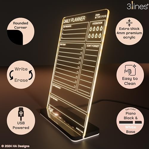 3 Lines Glowrite Illuminate Your Ideas! Acrylic LED Writing Board with USB Stand/Base | Ideal for Home & Office | Unique Gift | Made in India | with 2 Markers | Daily Top Priorities | Regular - Image 2