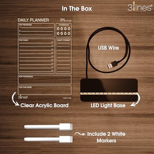 3 Lines Glowrite Illuminate Your Ideas! Acrylic LED Writing Board with USB Stand/Base | Ideal for Home & Office | Unique Gift | Made in India | with 2 Markers | Daily Top Priorities | Regular - Image 4