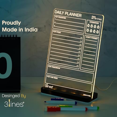 3 Lines Glowrite Illuminate Your Ideas! Acrylic LED Writing Board with USB Stand/Base | Ideal for Home & Office | Unique Gift | Made in India | with 2 Markers | Daily Top Priorities | Regular - Image 5