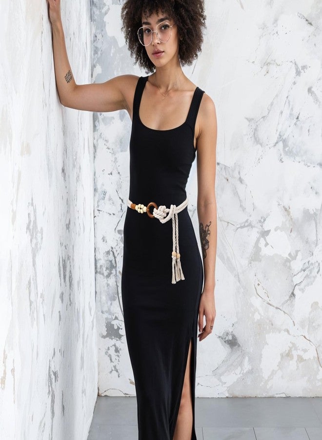 YQQYG حزام حبل أبيض من YQQYG، أحزمة حبل بوهيمية مضفرة بشرابات للنساء مع خرز خشبي، أحزمة مكرمية رفيعة للفساتين والتنانير والسترات - Image 5