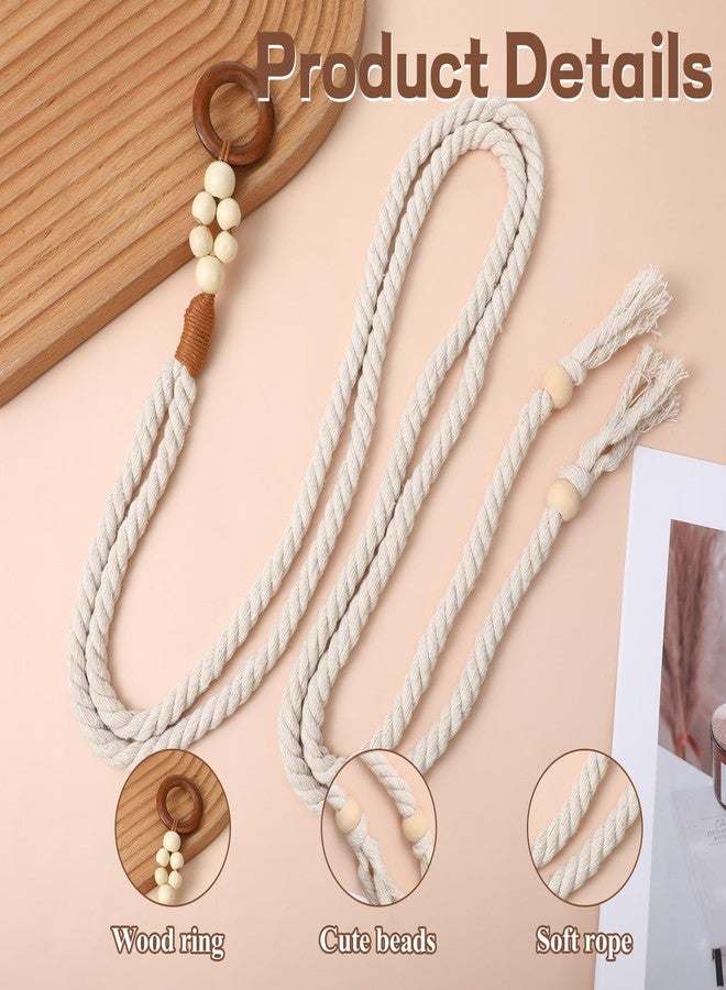 YQQYG حزام حبل أبيض من YQQYG، أحزمة حبل بوهيمية مضفرة بشرابات للنساء مع خرز خشبي، أحزمة مكرمية رفيعة للفساتين والتنانير والسترات - Image 3