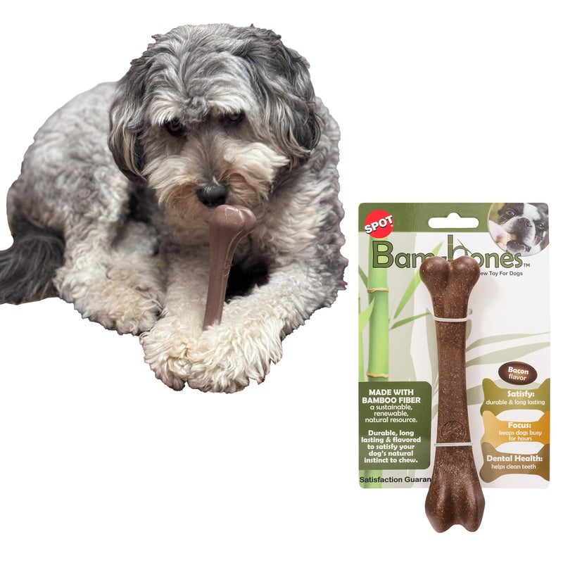 SPOT Bam-Bones Bone - Made with Strong Bamboo Fiber, Durable Long Lasting Dog Chew for Light to Moderate Chewers, Great Toy for Adult Dogs & Teething Puppies under 40lbs, 7.25in, Bacon Flavor - Image 1