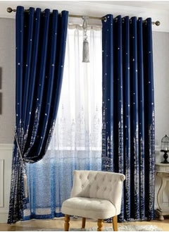 2-Piece Castle Printed Blackout Curtain Navy Blue 100 x 250centimeter
