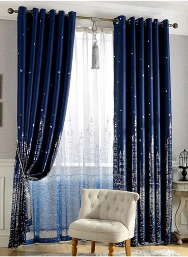 Arabest - 2-Piece Castle Printed Blackout Curtain Navy Blue 100 x 250centimeter - Image 1