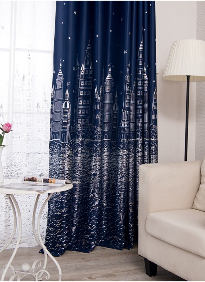 Arabest - 2-Piece Castle Printed Blackout Curtain Navy Blue 100 x 250centimeter - Image 1
