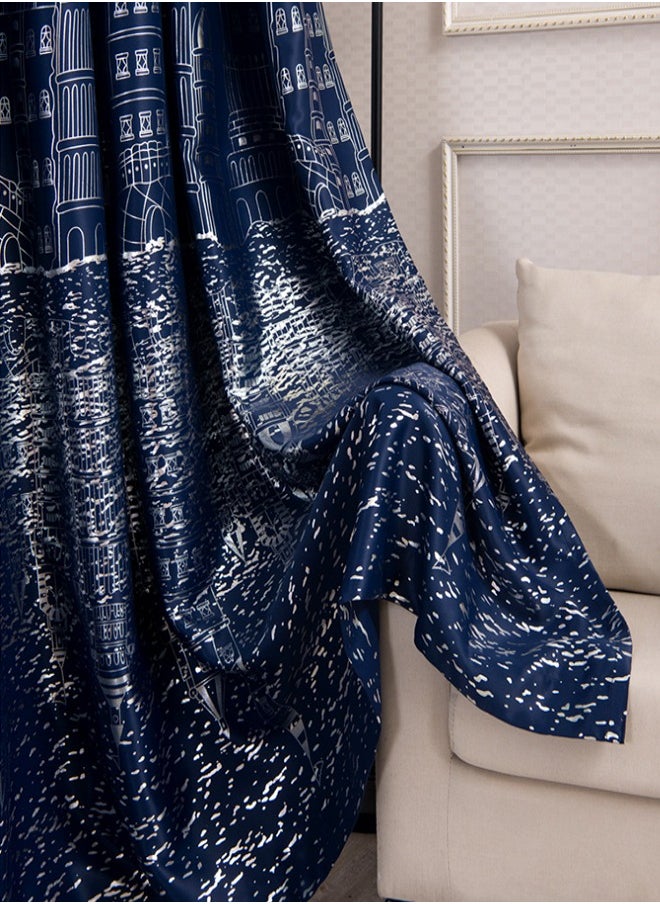 Arabest - 2-Piece Castle Printed Blackout Curtain Navy Blue 100 x 250centimeter - Image 1