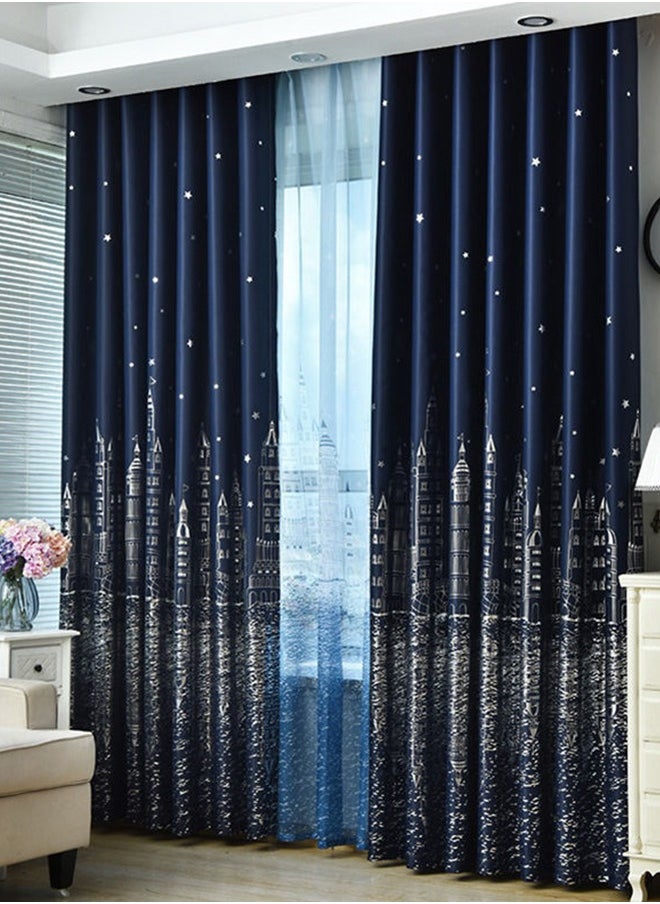 Arabest - 2-Piece Castle Printed Blackout Curtain Navy Blue 100 x 250centimeter - Image 1