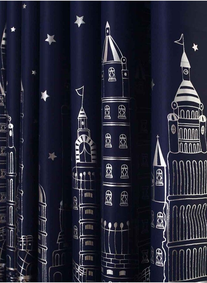 Arabest - 2-Piece Castle Printed Blackout Curtain Navy Blue 100 x 250centimeter - Image 1