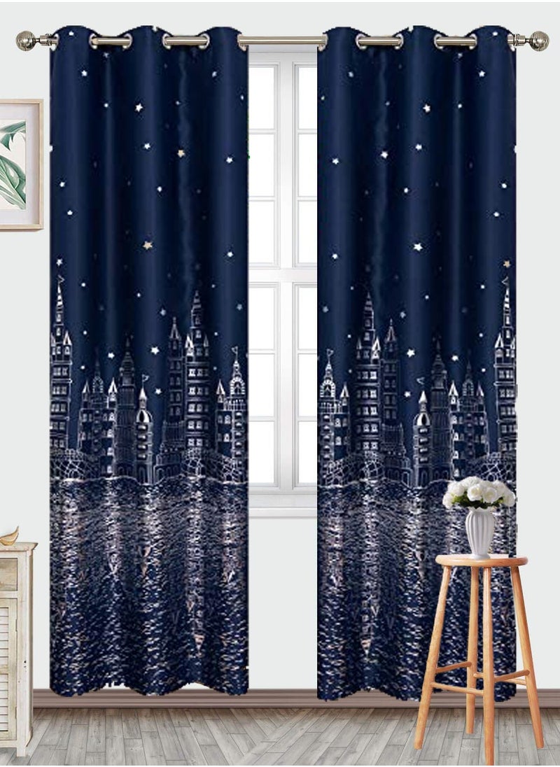 Arabest - 2-Piece Castle Printed Blackout Curtain Navy Blue 100 x 250centimeter - Image 1