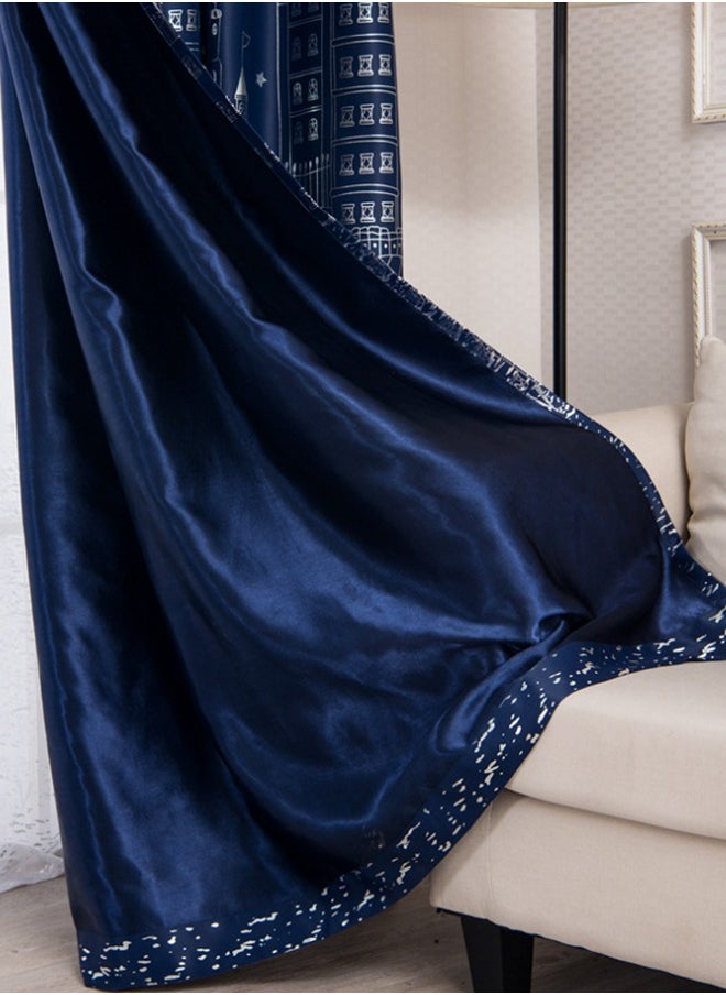 Arabest - 2-Piece Castle Printed Blackout Curtain Navy Blue 100 x 250centimeter - Image 1