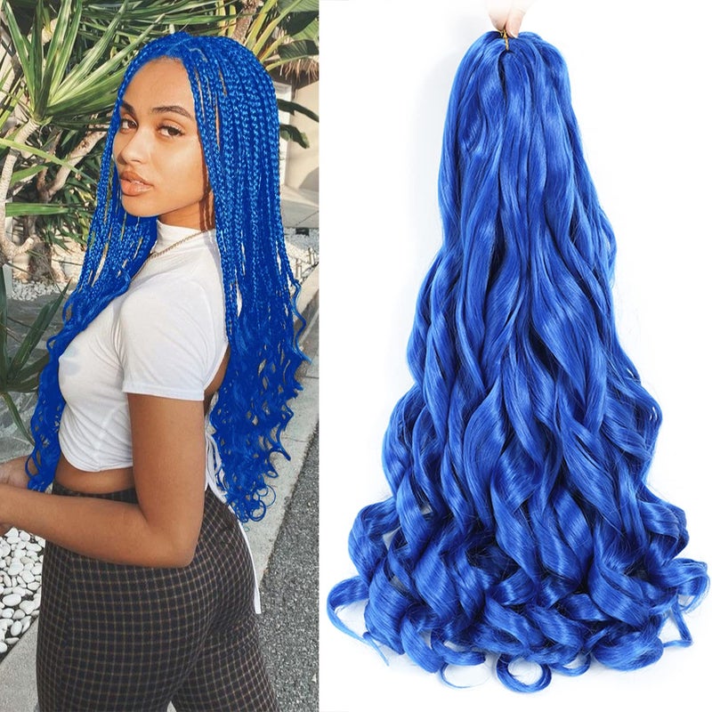 French Curly Braiding Hair 24 Inch Blue Color  Pre Stretched Bouncy Braiding Hair Loose Wavy Braiding Hair Synthetic Hair Extensions For Black Women 24 inch 2 packs Blue