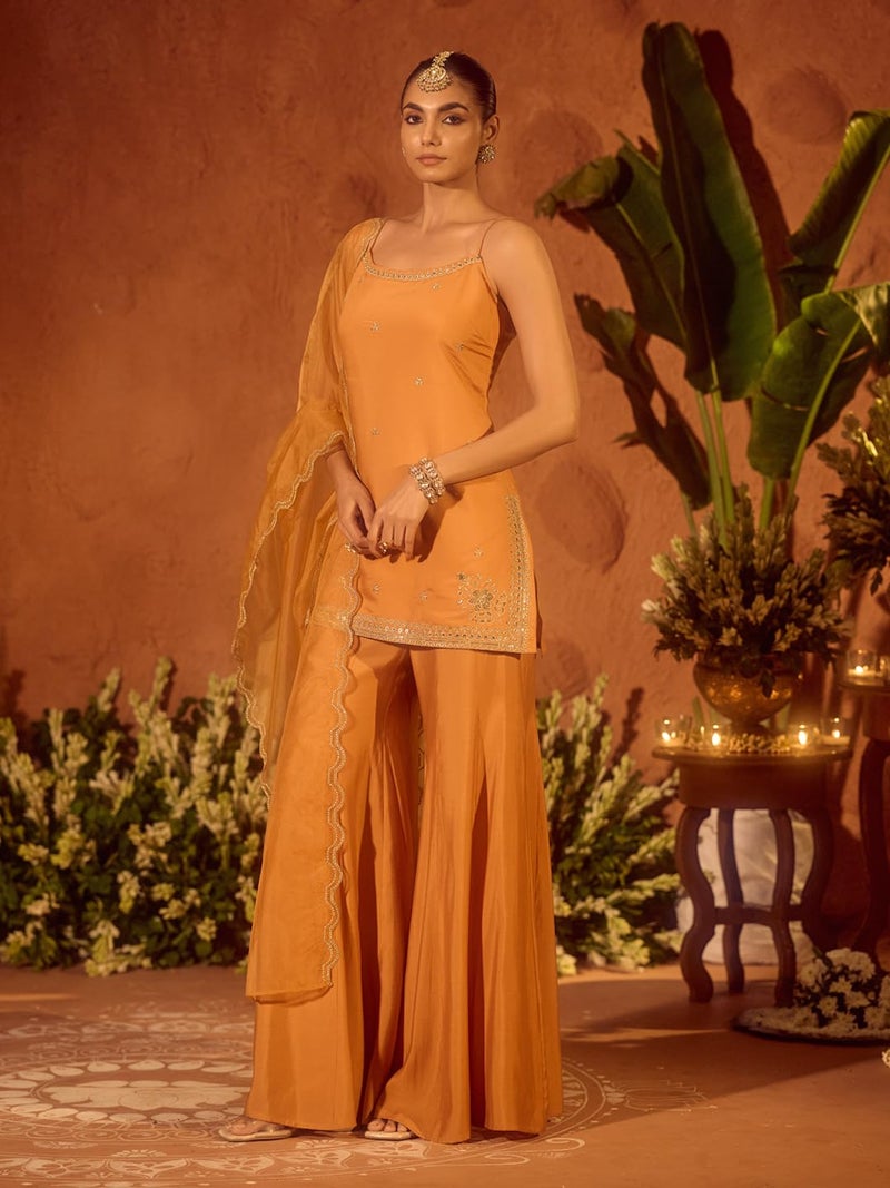 FIORRA Women’s Orange Viscose Chanderi Embroidered Ethnic Straight Kurta Set with Dupatta - Image 4