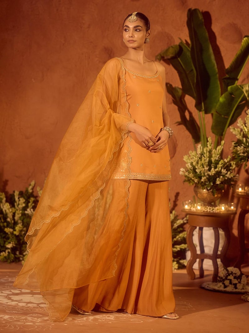 FIORRA Women’s Orange Viscose Chanderi Embroidered Ethnic Straight Kurta Set with Dupatta - Image 3