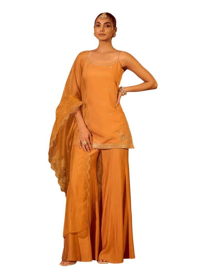 FIORRA Women’s Orange Viscose Chanderi Embroidered Ethnic Straight Kurta Set with Dupatta - Image 1