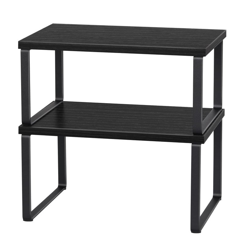 CADUKE Counter Shelf Organizer Set of 2 Wood Kitchen Cabinet Shelves Expandable Cabinet Organizer Stackable Countertop Storage Rack for Bathroom Pantry Black