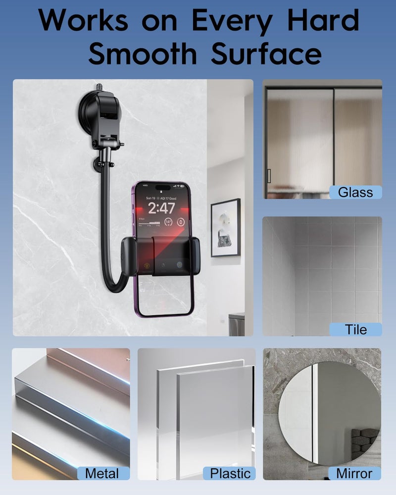 HIYJEN Long Arm Vacuum Suction Cup Shower Phone Holder Clip, Mirror Phone Mount For Bathroom Stick On Wall Makeup Mirror Kitchen Window Bathroom Phone Stand Fit For iPhone 16 15 14 13 12 & Cell Phones - Image 5