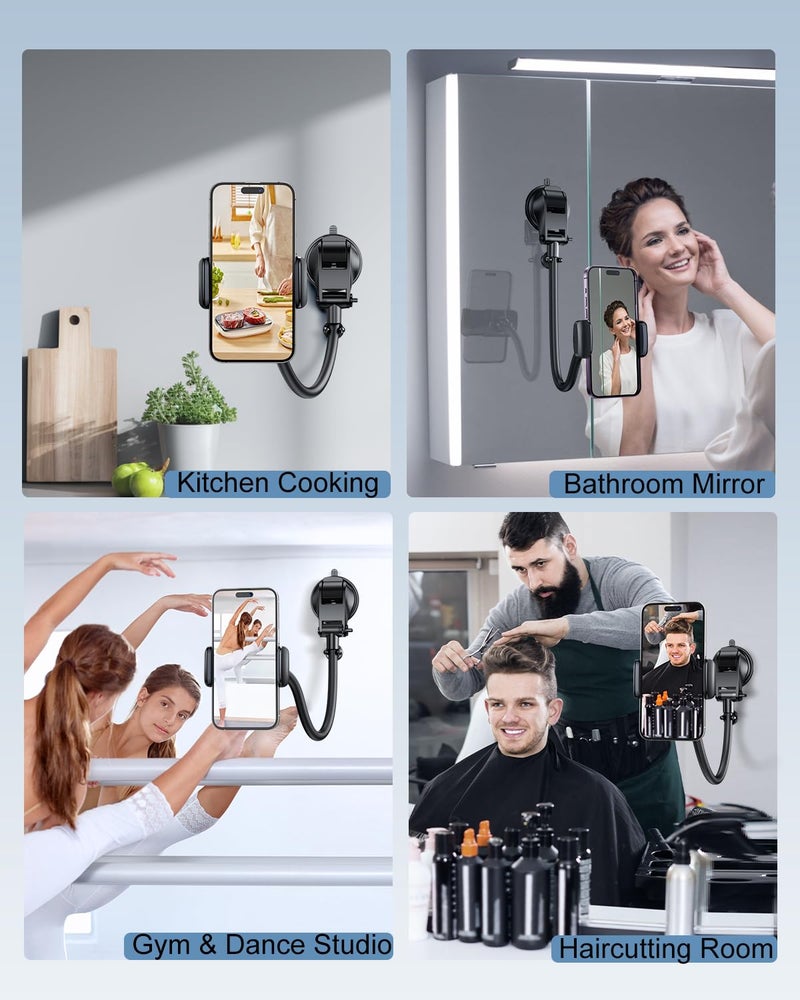HIYJEN Long Arm Vacuum Suction Cup Shower Phone Holder Clip, Mirror Phone Mount For Bathroom Stick On Wall Makeup Mirror Kitchen Window Bathroom Phone Stand Fit For iPhone 16 15 14 13 12 & Cell Phones - Image 2