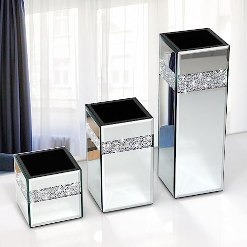 ALLARTONLY Crushed Diamond Mirrored Vase Pack of 3 Pieces Small Middle Large. Crystal Silver Mirror Glass Stunning Decorative Flower Vase Luxury for Home Decor. Can’t Hold Water. - Image 1
