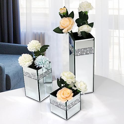 ALLARTONLY Crushed Diamond Mirrored Vase Pack of 3 Pieces Small Middle Large. Crystal Silver Mirror Glass Stunning Decorative Flower Vase Luxury for Home Decor. Can’t Hold Water. - Image 5