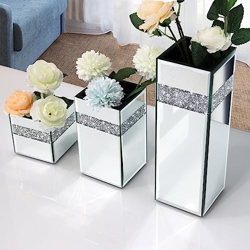 ALLARTONLY Crushed Diamond Mirrored Vase Pack of 3 Pieces Small Middle Large. Crystal Silver Mirror Glass Stunning Decorative Flower Vase Luxury for Home Decor. Can’t Hold Water. - Image 4