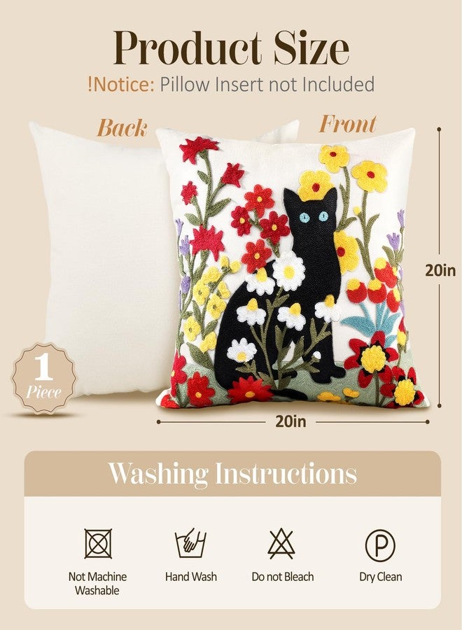 Kokaaee Embroidered Throw Pillow Covers - 20x20 Decorative Pillow Covers with Zipper Aesthetic Cute Design Boho Summer Linen Throw Pillowcases for Living Room Couch Sofa Bed, Flower Cats - Image 4