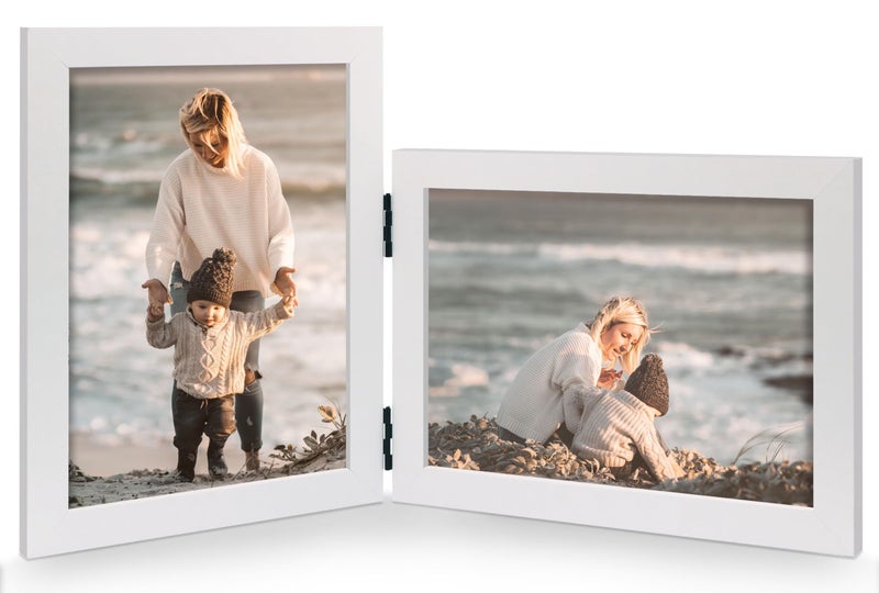 JD Concept Vertical Horizontal Combo, Double 4x6 White Wood Foldable Picture Frame, Opening 3.5x5.5, Stand on Desk-top, Portrait and Landscape View - Image 1